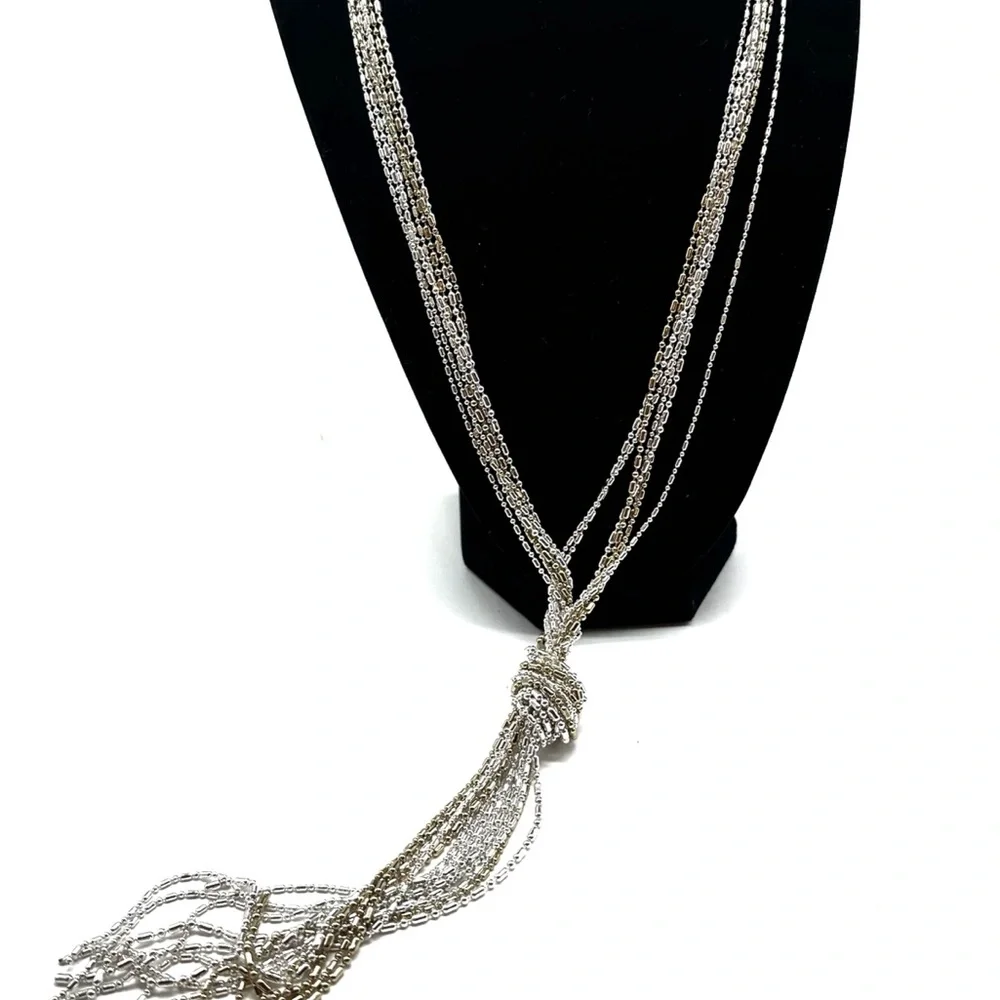 Vintage Two Tone Silver Gold Multi Strand Tassel Statement Necklace